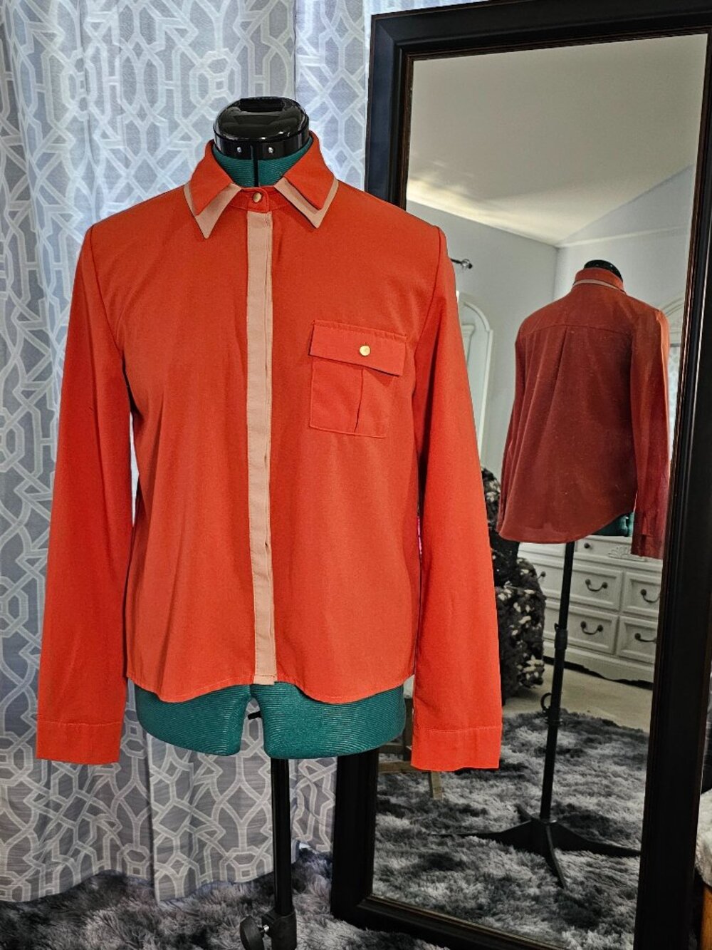 TIMING Burnt Orange Button‑Up Blouse with Contrast Trim – Size S
